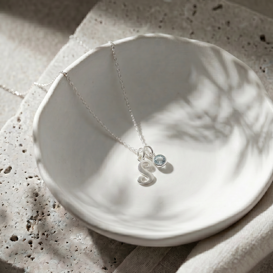 Truly Yours Necklace - A to Z Pendant With Aquamarine and Chain in 925 Sterling Silver